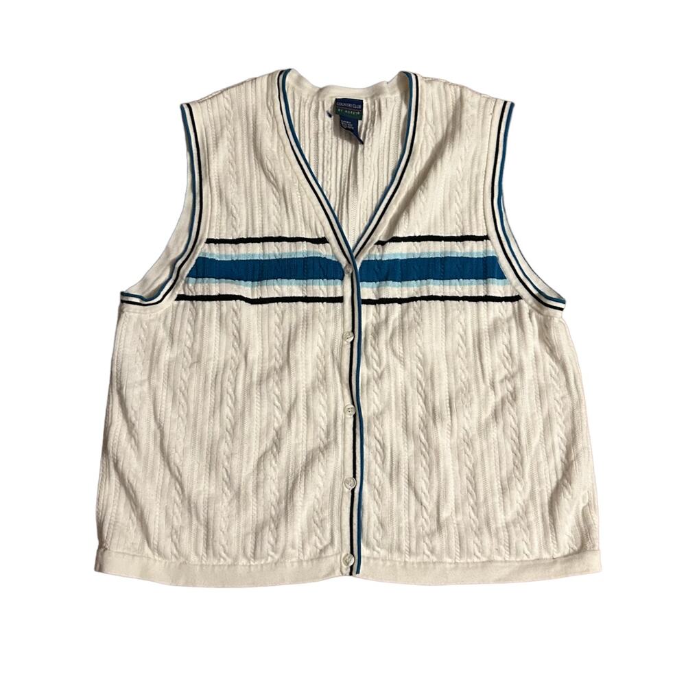Country Club by Koret Sweater Vest Mens Size XL White Blue Cardigan Cotton
